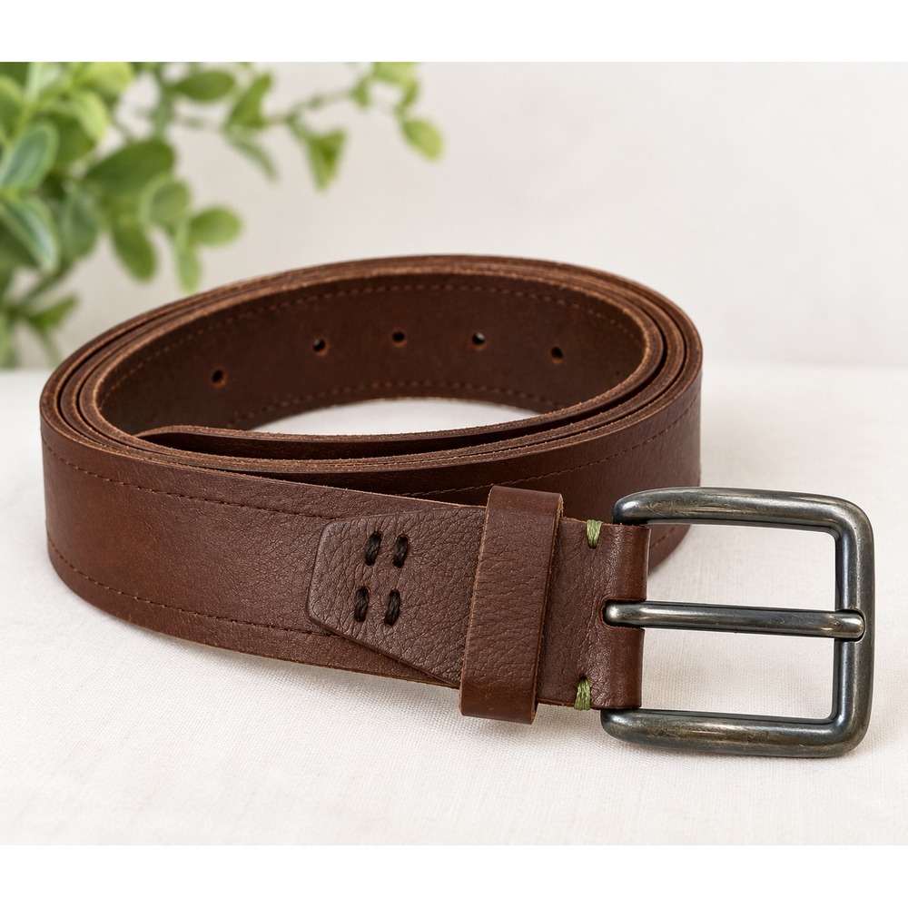 Goodfellow & Co Mens Brown Genuine Leather Belt XL Gunmetal Buckle Green Stitch